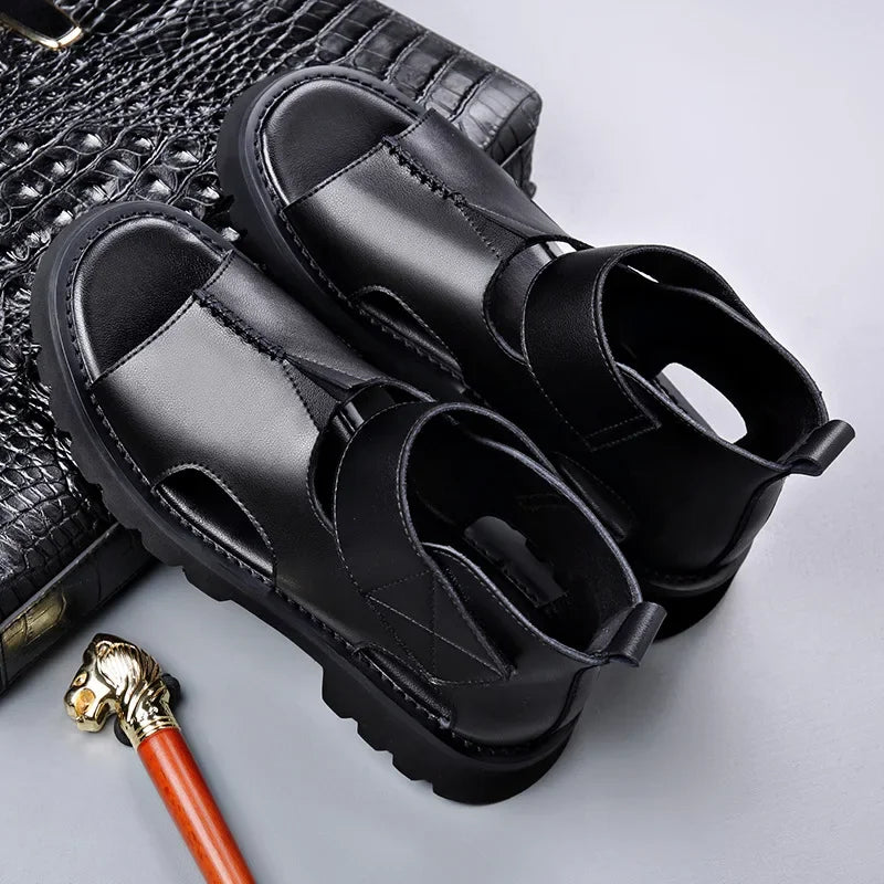 Cow Leather Sandals for Men 2025 Summer New Designer Big Size Increase Roman Beach Shoes Male Fashion Casual Black Sandals Man