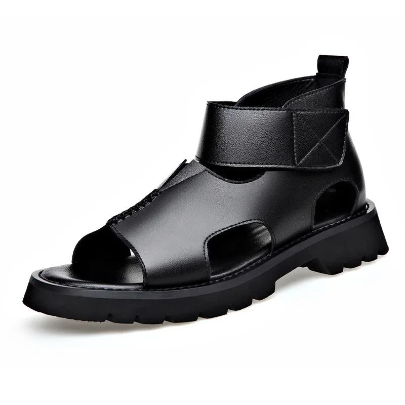 Cow Leather Sandals for Men 2025 Summer New Designer Big Size Increase Roman Beach Shoes Male Fashion Casual Black Sandals Man