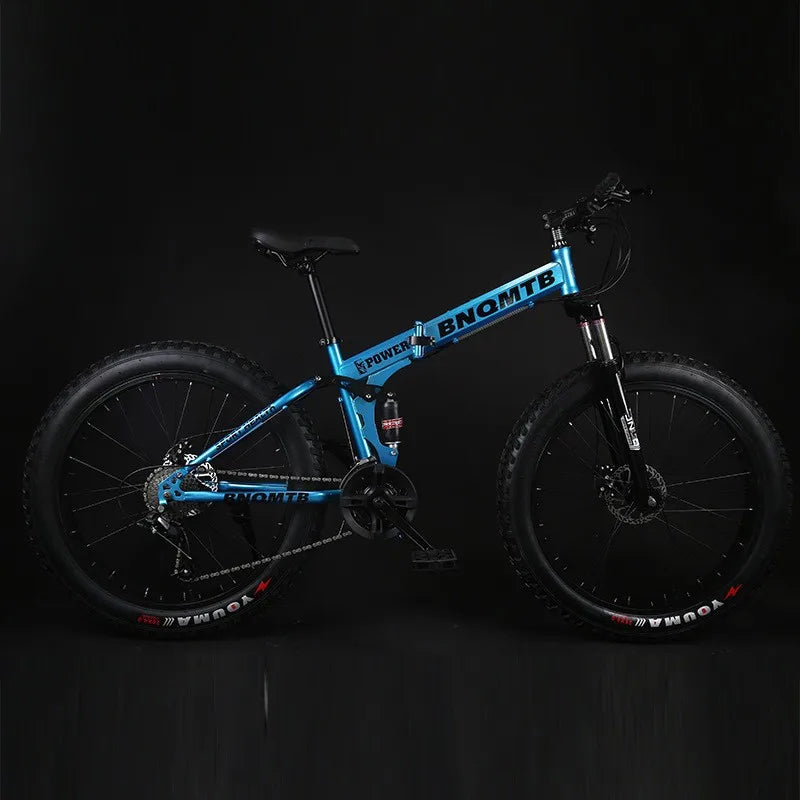 Folding Snow Mountain Bike High Carbon Steel Frame Dual Disc Brakes Soft Tail Design 4.0 Tire Width Wheels 7-Speed