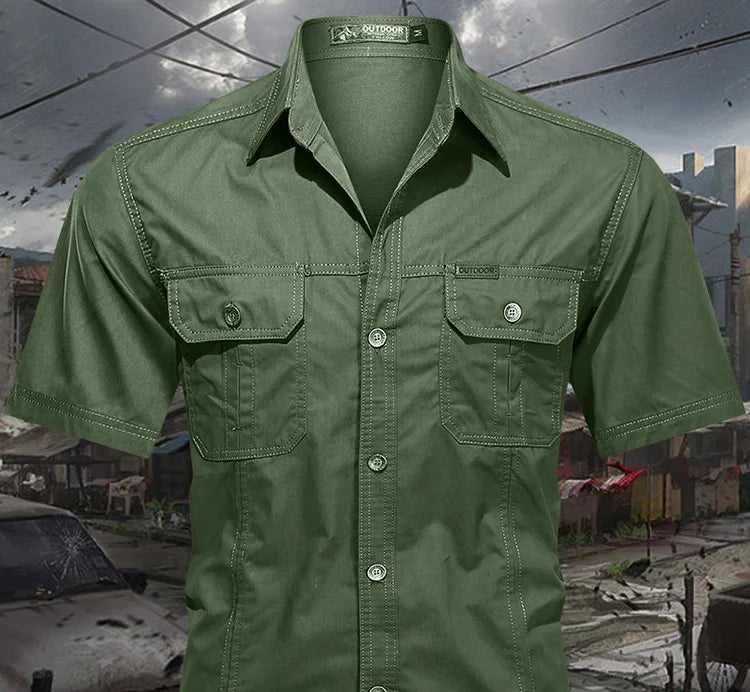 Summer men's thin short sleeved shirts, men's outdoor work clothes, multi bag half sleeved tops, pure cotton washed shirts