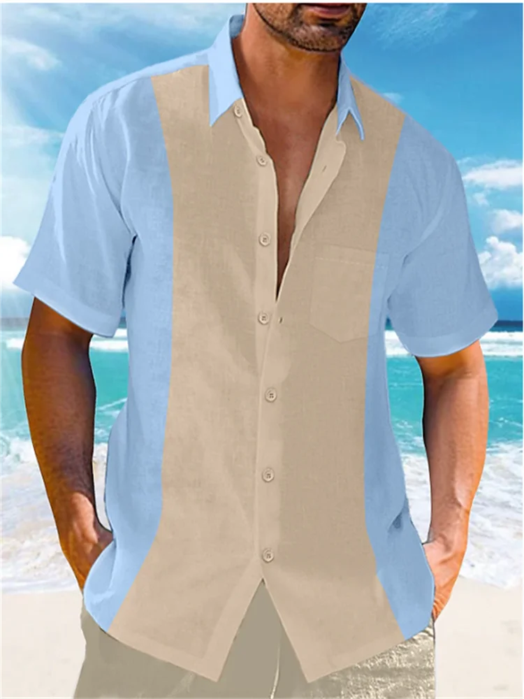 Men's Shirt New 2023 Casual Summer Shirt Beach Vacation Top Blue Short Sleeve Color Matching Lapel Front Pocket Clothing Fashion