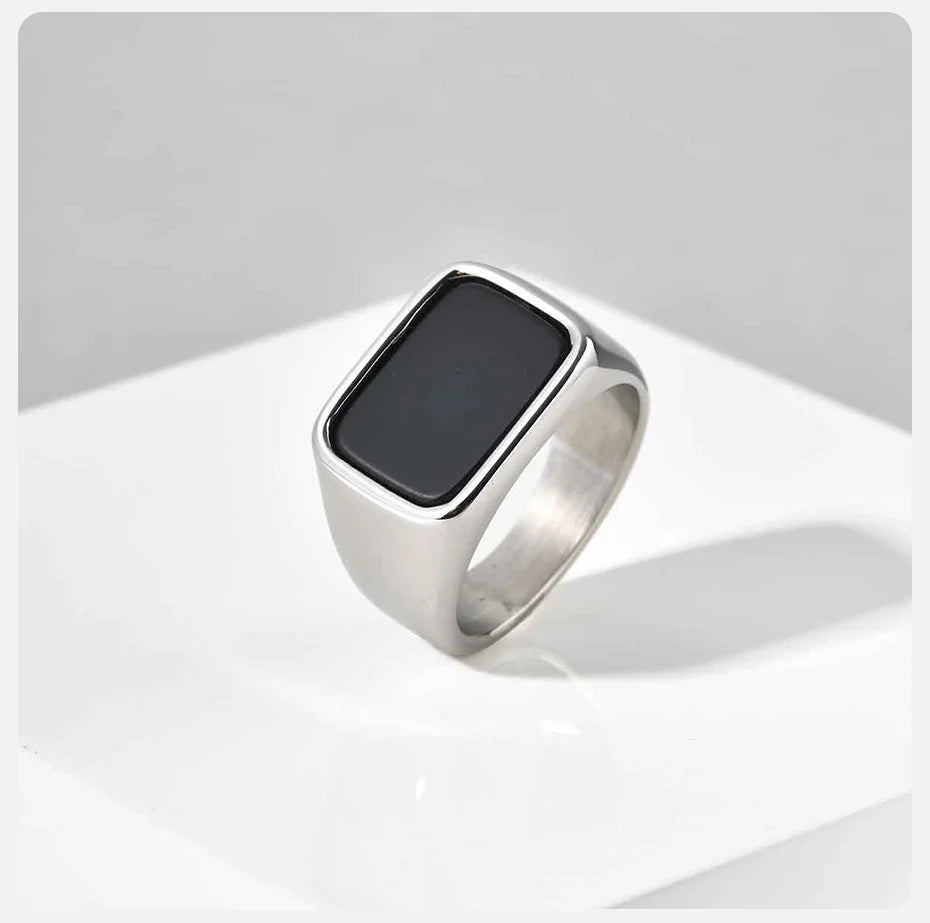Vnox Men's Stainless Steel Geometric Glass Stone Signet Ring, 12.8mm Width Size 7-12 Waterproof Rectangle Top Ring Gift for Men‌