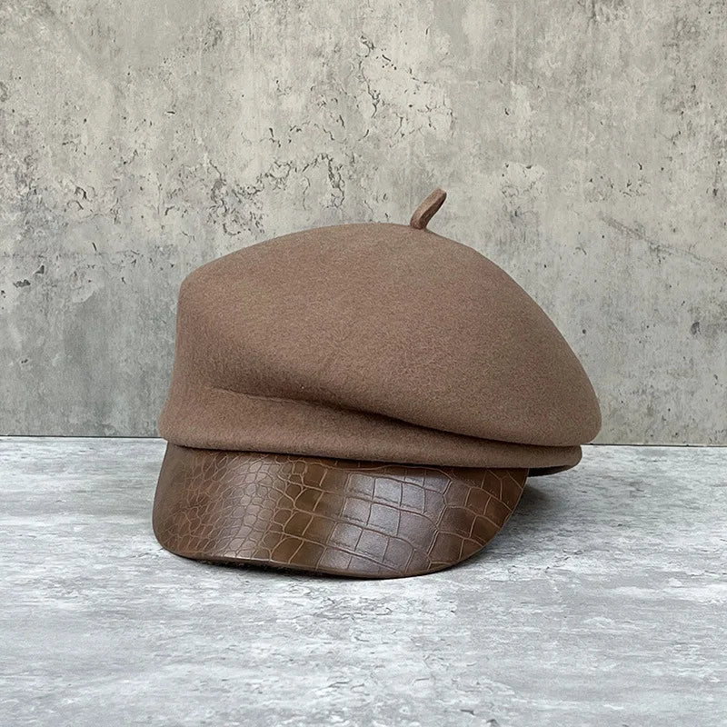 Fashion leather brim wool beret women's autumn/winter Korean style newsboy hat British knight hat duck cap Japanese system