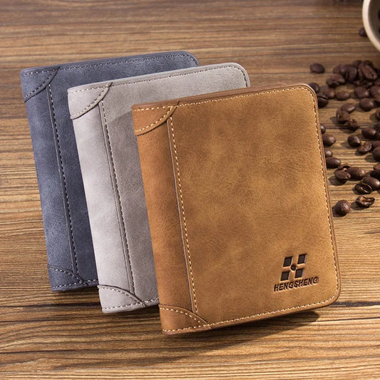 Men's wallet short vintage suede leather trifold vertical wallet for men, Korean style multi-card slot