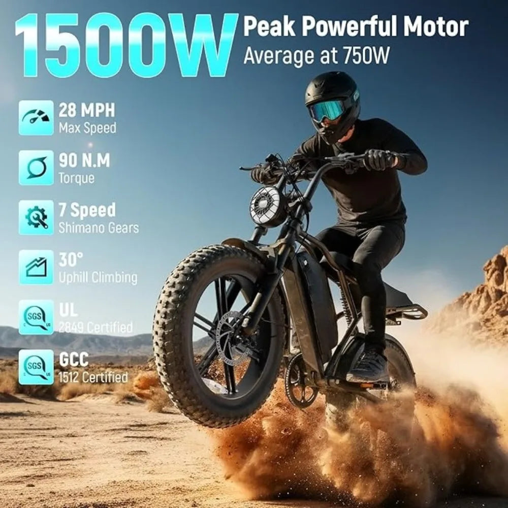 Electric Bike for Adults, 1500W Peak Motor Ebike, 20" x 4.0" Fat Tire E Bike, 48V 15Ah Removable Battery,Customized