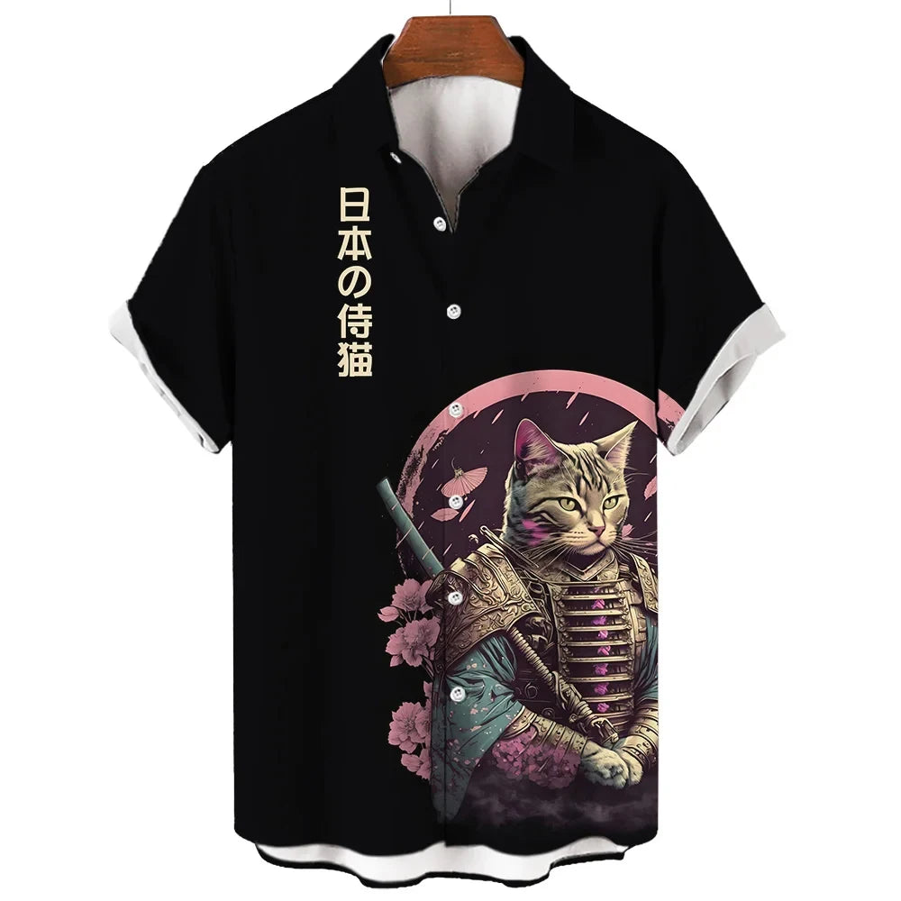 Fashion Cool Samurai Cat Graphic Shirt Japanese Style y2k Men's Streetwear Summer Casual Short Sleeve Buttons Hawaiian Shirts