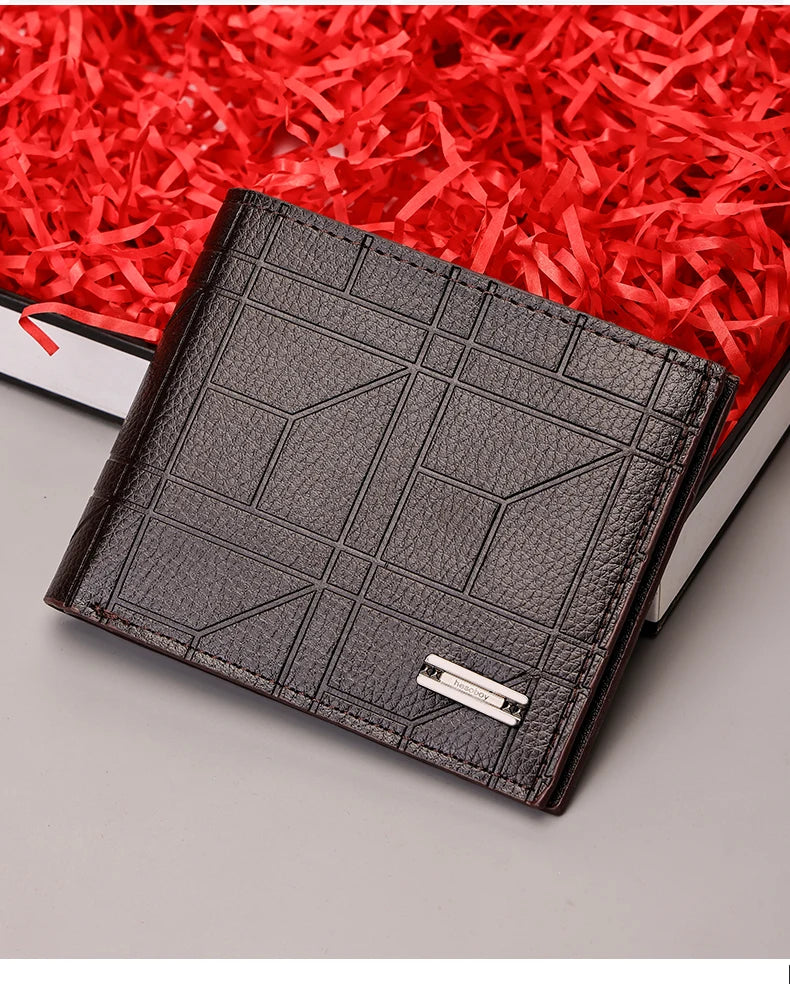Men's Checkered PU Leather Wallet - Multi Card Slot, Business Style, Solid Color, Ideal Gift for Men