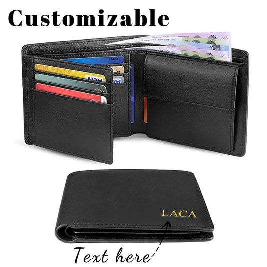 Customized name 100% genuine cowhide leather wallet, RFID barrier ultra-thin three-in-one men's wallet, anti-theft wallet