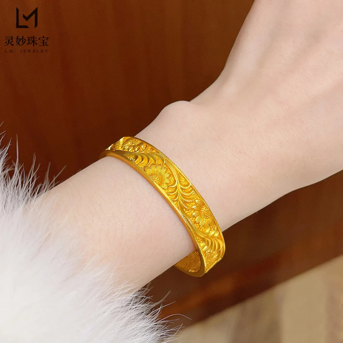Classic Bangle Women's 24K Gold AU999 - 24K Gold Retro Fortune Flower Bangle, Carved Craft, Luxury Collection