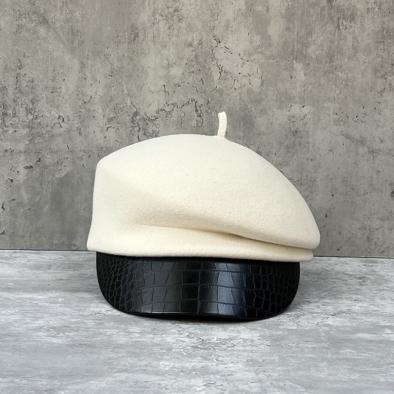 Fashion leather brim wool beret women's autumn/winter Korean style newsboy hat British knight hat duck cap Japanese system