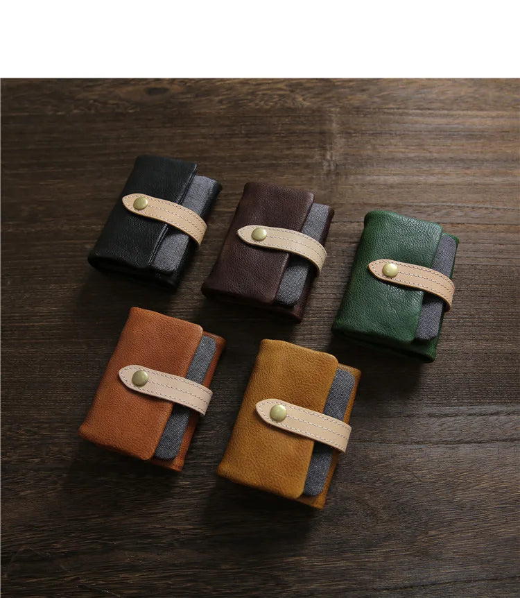 2025 Handmade Wallet Men's Short Leather Triple Fold Money Clip Cowhide Youth Buckle Student Vertical Vegetable Tanned Leather