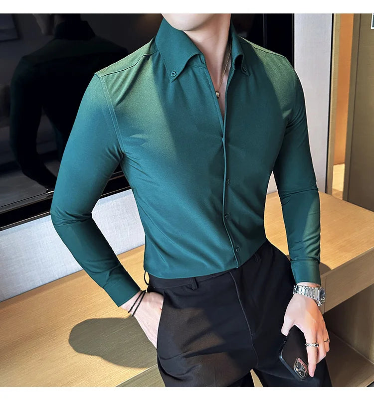 Men Dress Shirt 2025 Autumn British Style Solid Casual Slim Fit Formal Camisas V-neck Long Sleeves Shirt Streetwear Men Clothing