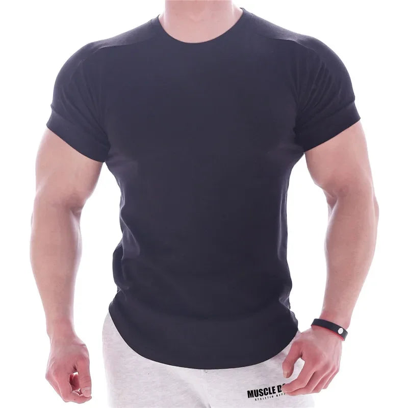 NEW Men Summer T Shirts High Elastic Slim Fit T shirt Men Quick-drying Curved Hem Mens T-Shirts Fitness casual Solid Color tops