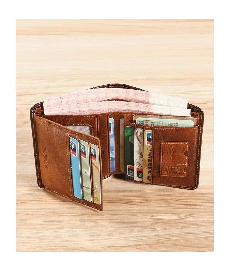 Men Wallet Genuine Leather Rfid Blocking Trifold Wallet Vintage Thin Short Multi Function ID Credit Card Holder Male Purse Money