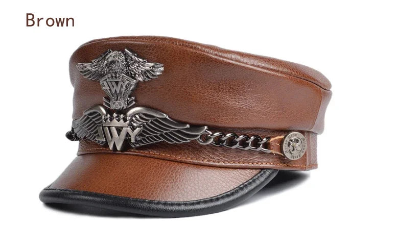 Unisex German Military Cap Man Genuine Leather Flat Top Hat Korean Fashion Eagle Mark Chain Punk Locomotive Casquette Male