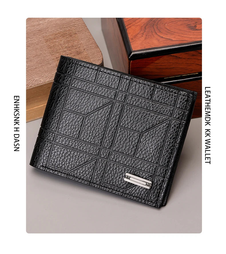 Men's Checkered PU Leather Wallet - Multi Card Slot, Business Style, Solid Color, Ideal Gift for Men