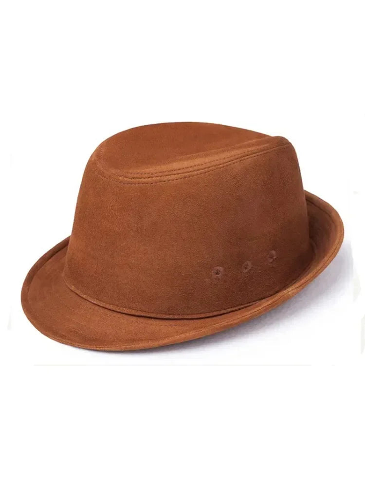 Male High Quality Genuine Leather Formal Hat Jazz Gentleman Goat Skin Suede Short Brim Brown Top Fedoras Embroidery