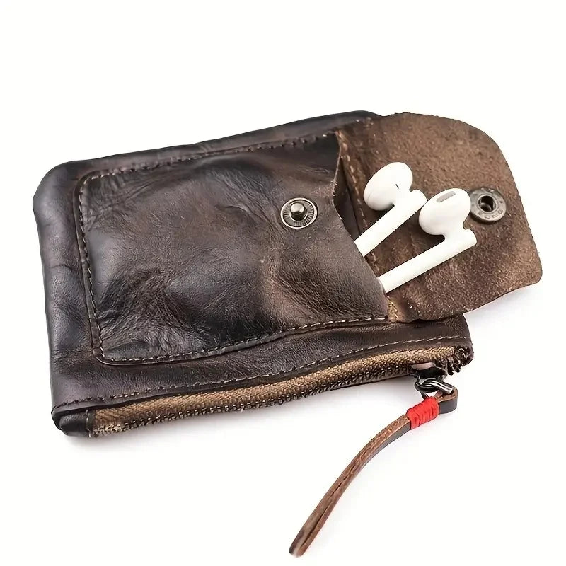 Cowhide Wallet Men's Leather Wallet Genuine Leather Men's Wallet Minimalist Wallet Credit Card Holder Earbuds Pouch