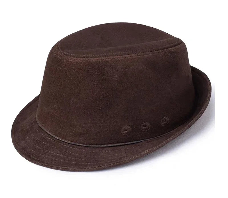 Male High Quality Genuine Leather Formal Hat Jazz Gentleman Goat Skin Suede Short Brim Brown Top Fedoras Embroidery