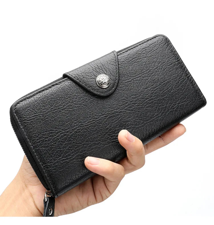 Leather long wallet men's top layer cowhide black business wallet horizontal square hand-held bag