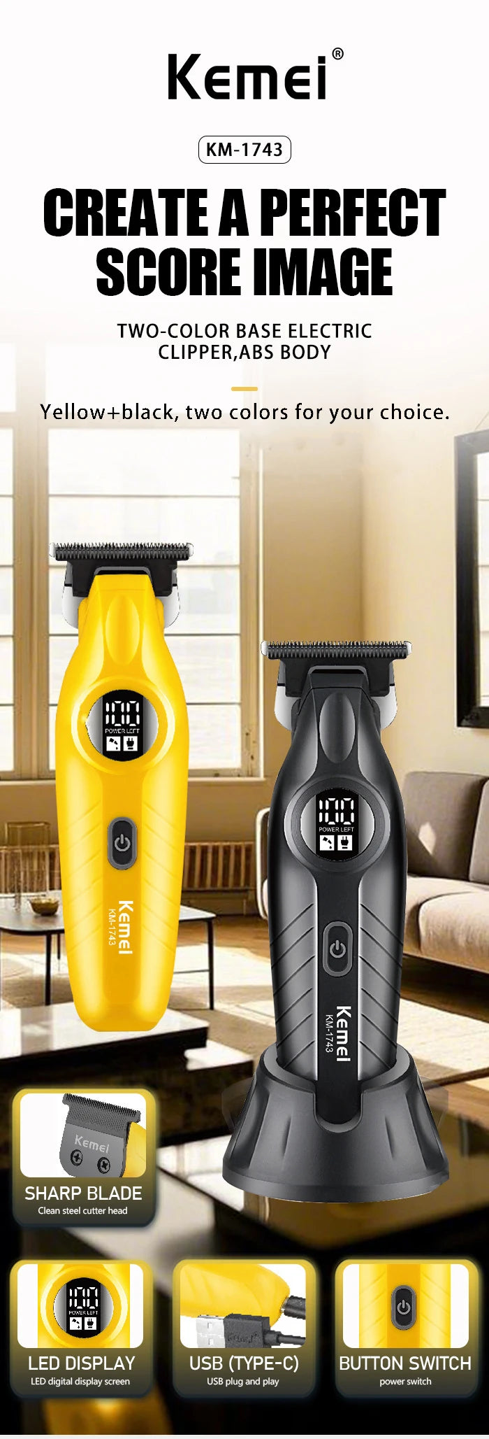 KM-1743 Professional Hair Clippers Set for Men Wireless USB Charging Hair Trimmer Machine Men's Professional Hair Clippers