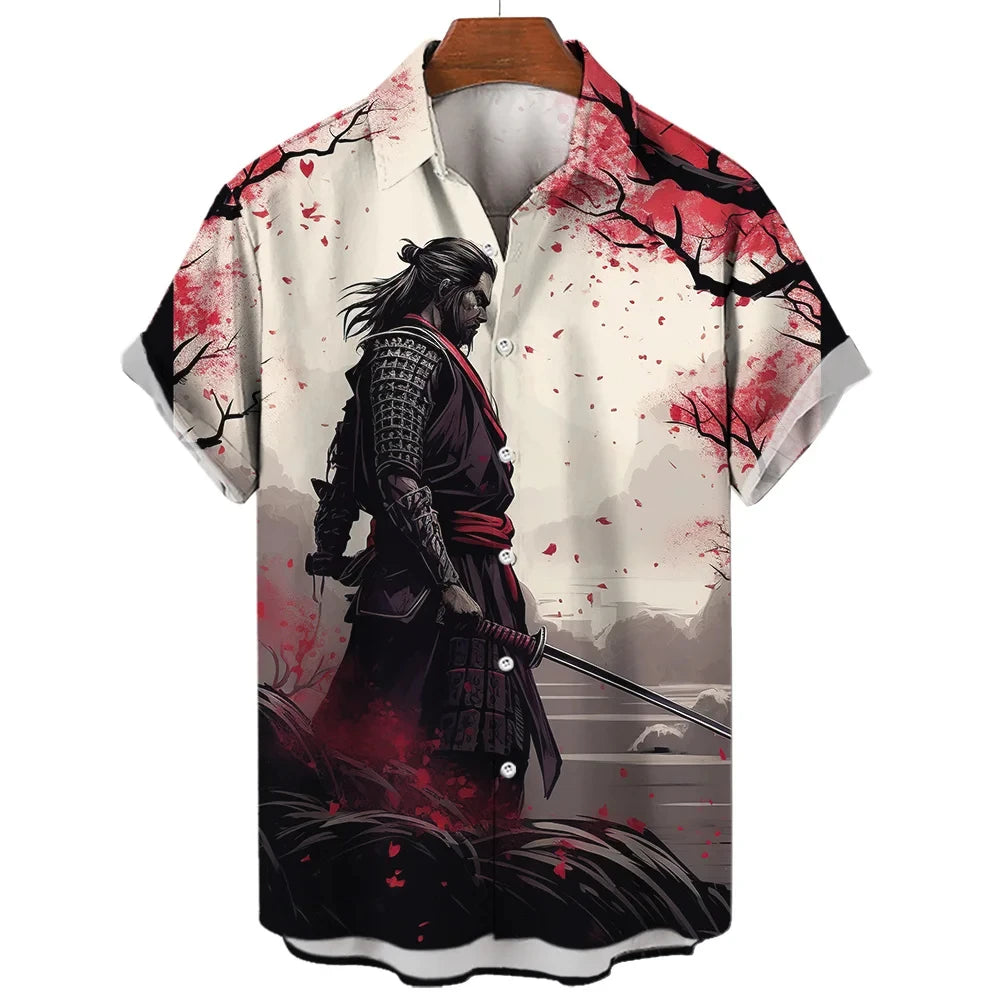 Vintage Japanese Samurai Hawaiian Retro Shirt For Men Social Blouse 3d Short Sleeve Tops Harajuku Streetwear Summer Man Clothing