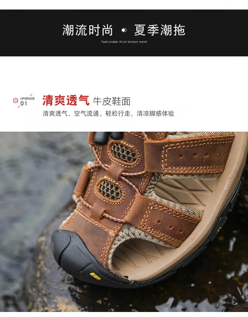 Summer Men Sandals Genuine Leather Mens Casual Shoes Outdoor Men Leather Sandals for Men Beach Shoes Roman Shoes Plus Size 38-48