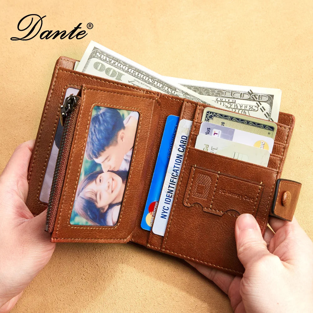 Vintage 100% Genuine Leather Men's Wallet RFID Blocking Trifold Short Multi Function Money Clip Large Capacity Zipper Coin Purse