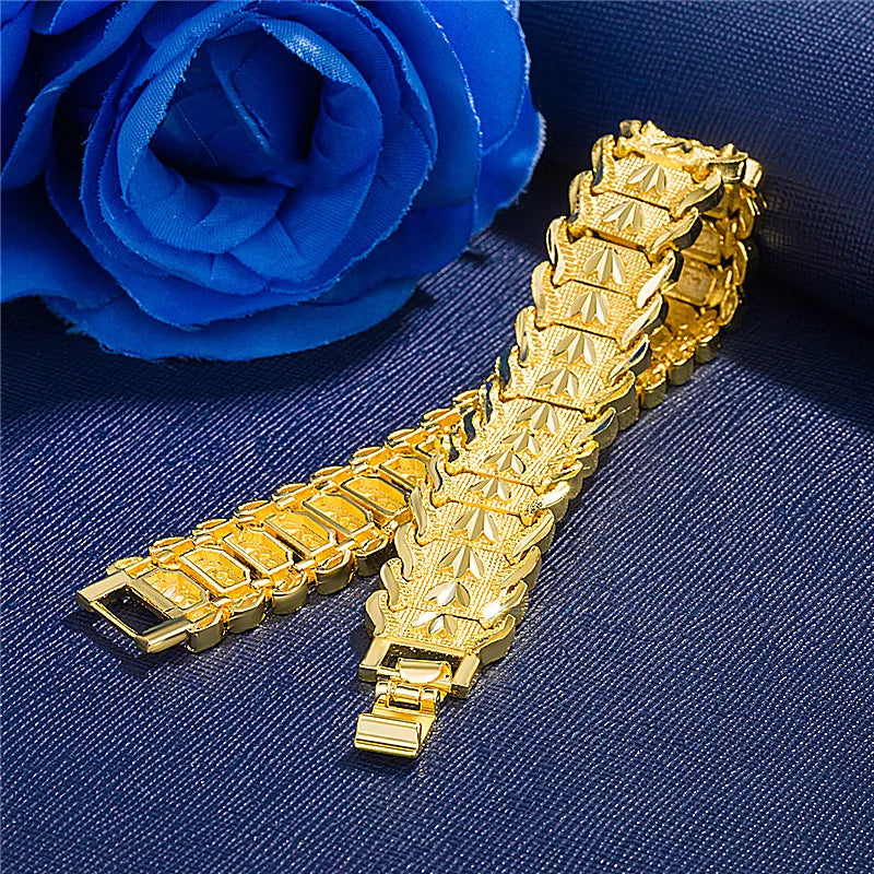 SAIYE 21cm Retro Fashion European Coin Gold Plated Jewelry 24K Gold Men Wide Bracelet Watch Chain Wholesale