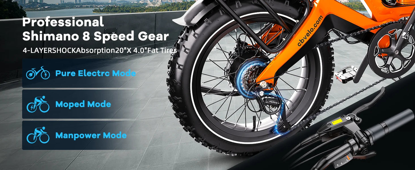 Cybervelo EK6 20” Fat Tire 2000W Peak Motor Luxury Foldable ebike,48V Removable Battery E Bicycle, 35+ MPH 100+Miles Long Range
