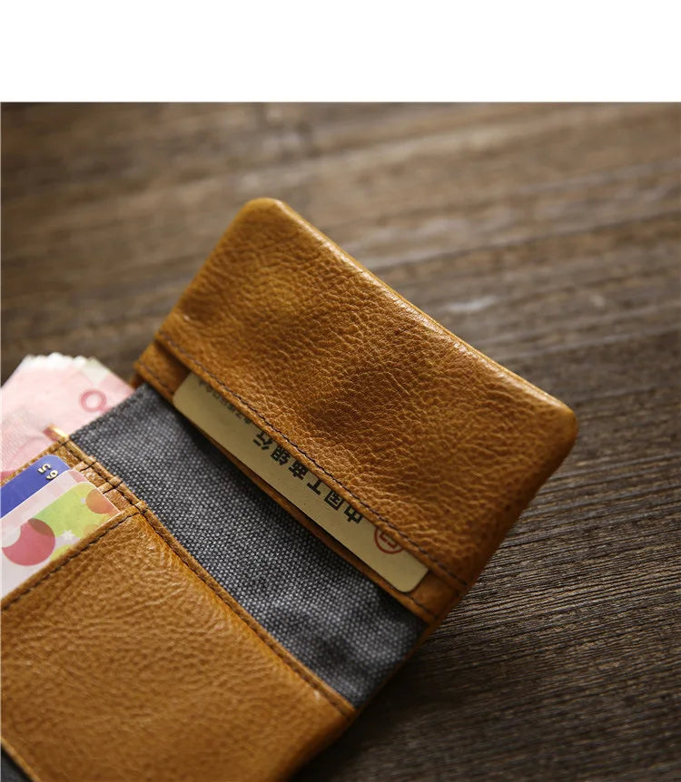 2025 Handmade Wallet Men's Short Leather Triple Fold Money Clip Cowhide Youth Buckle Student Vertical Vegetable Tanned Leather