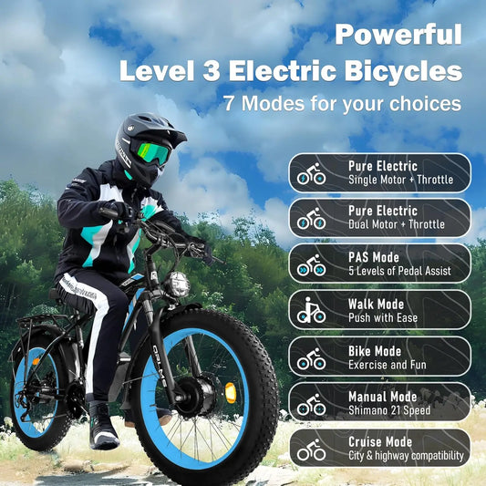 TS60 5000W Dual Motor E-Bike, 60V 25AH Battery Electric Bike for Adults, 45MPH Mountain AWD 21-Speed with 26" x 4.0 Fat Tire