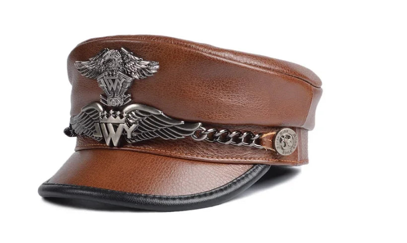 Unisex German Military Cap Man Genuine Leather Flat Top Hat Korean Fashion Eagle Mark Chain Punk Locomotive Casquette Male