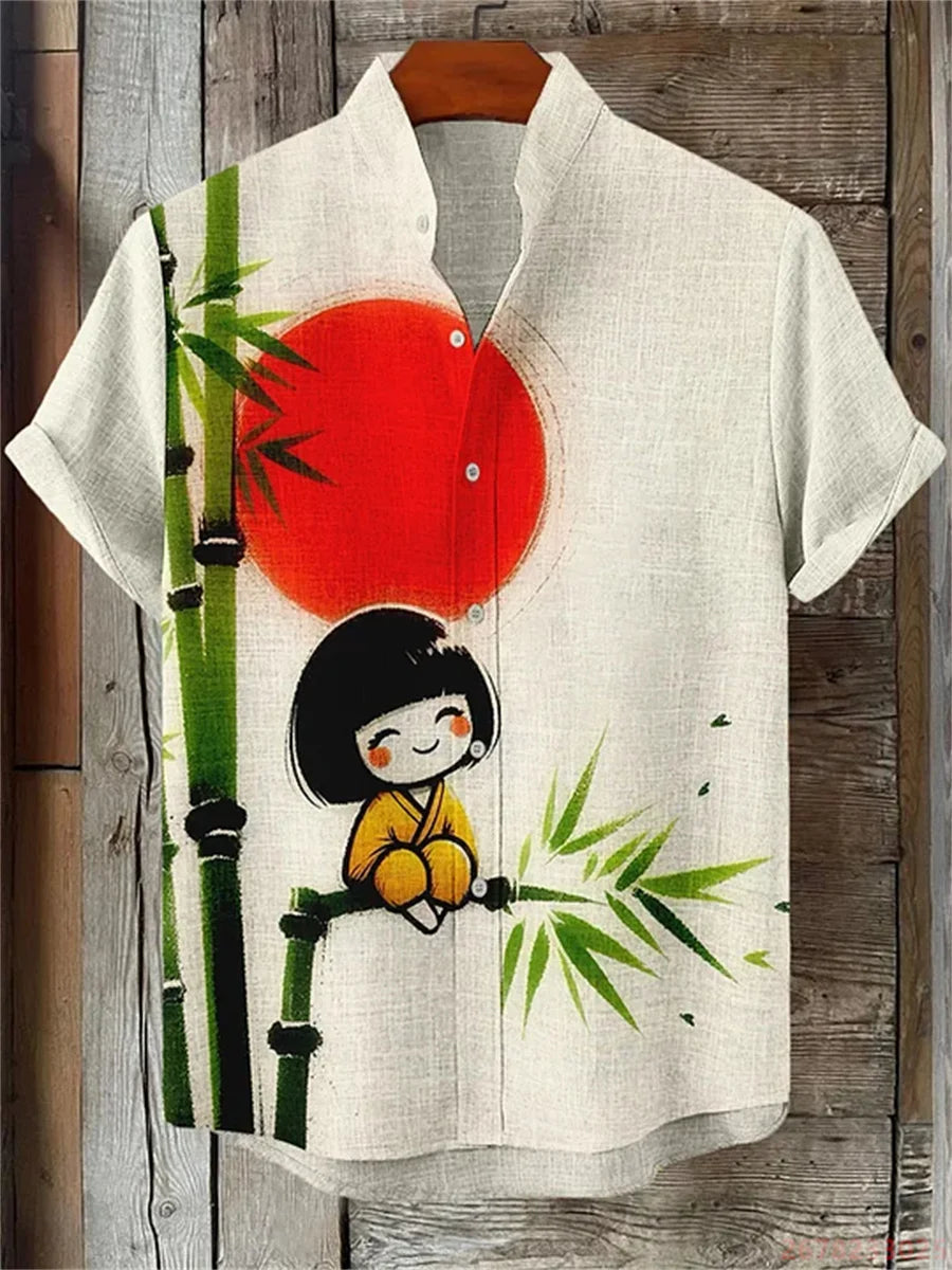 2026 New Japanese Style White Wolf Print Short-Sleeve Shirt for Men, Retro Trendy Anime Style Fashionable Cardigan Vacation Top