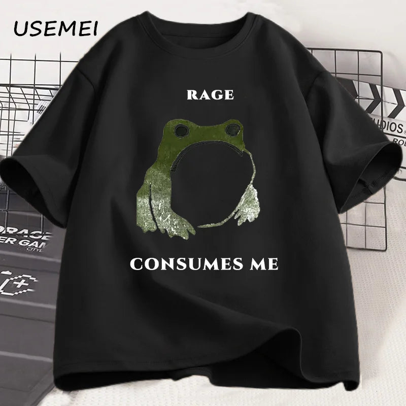 Men's T Shirts Funny Rage Consumes Me Frog Graphic T Shirts Vintage Cotton Short Sleeve Printed T-shirt Mens Clothes Streetwear