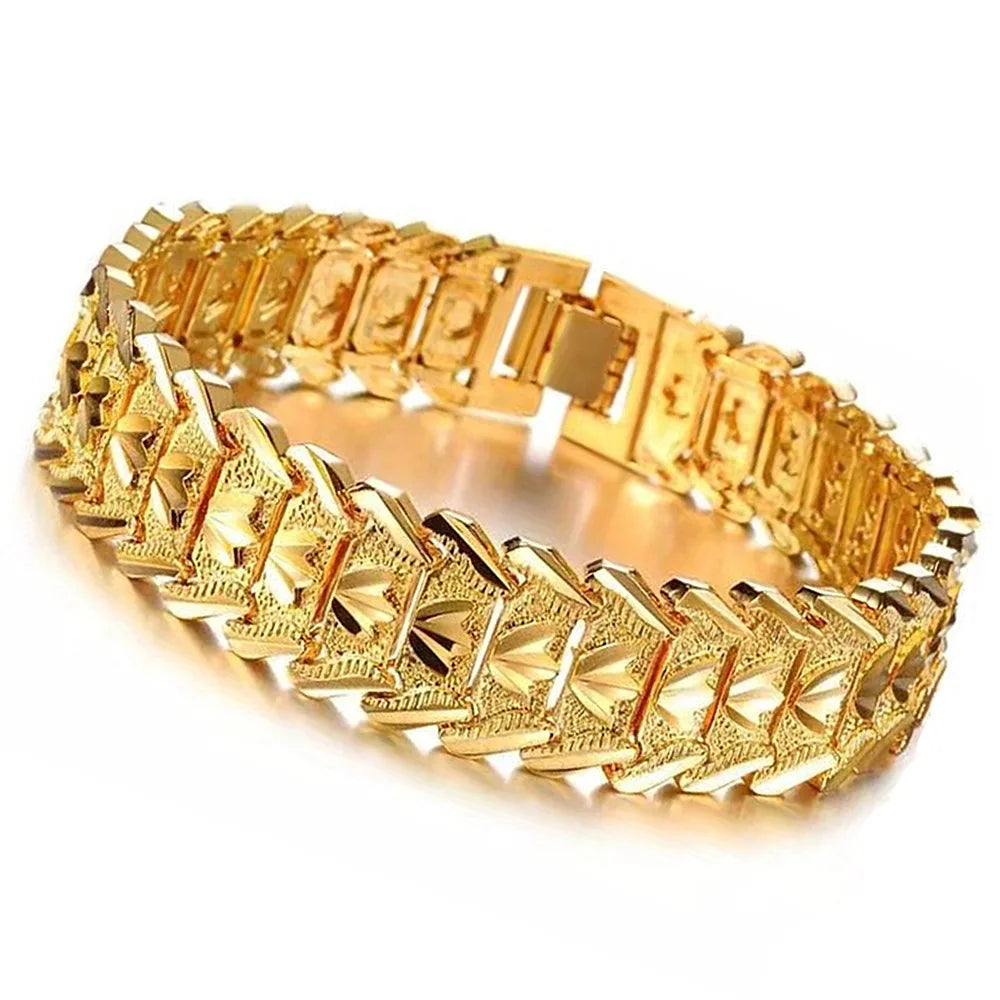 SAIYE 21cm Retro Fashion European Coin Gold Plated Jewelry 24K Gold Men Wide Bracelet Watch Chain Wholesale