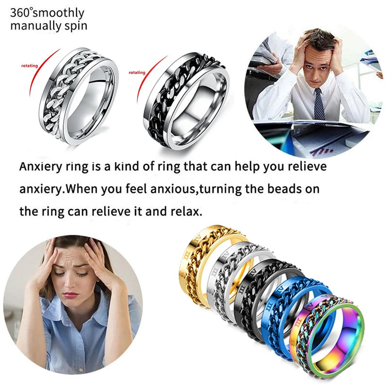 Stainless Steel Rotatable Chain Ring for Couples Jewelry Spinner Fidget Release Anxiety Ring Multifunctional Anillos De Ansiedad