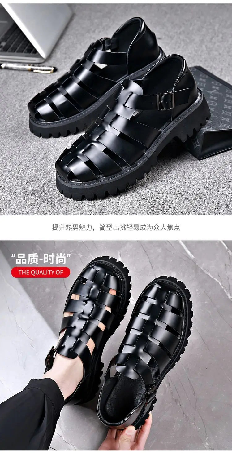 Fashion New Designer Platform Sandals for Men 2025 Summer Buckle Leather Dress Sandal Shoes Man Big Size Black  Sandalias Hombre