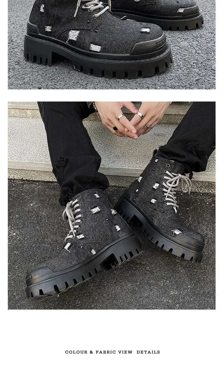 Mating boots for men new design black washed denim canvas short boots distressed style thick soled shoes Street Style
