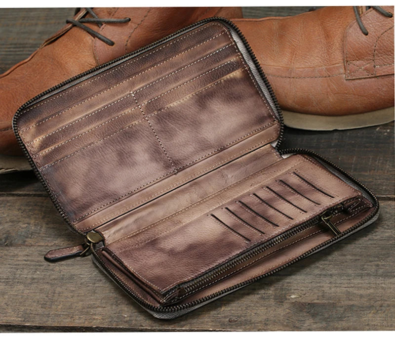 Vintage Genuine leather wallet Men leather long wallet men purse clutch bag male money clips zip around money bag card holder
