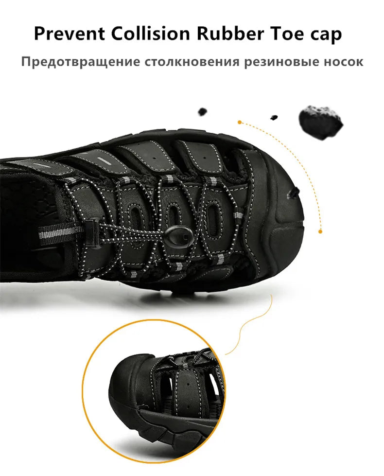 Summer Genuine Leather Men's Sandals Classic Breathable Slip-On Sandals Men Outdoor Casual Beach Sandals Sneakers Plus Size 46