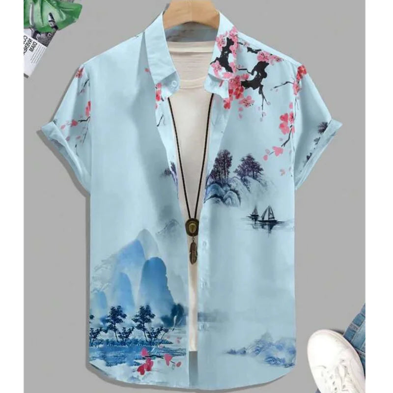 Fashion Shirt for Men 3d Ink Painting Prints Men'S Clothing Daily Casual Short Sleeve Beach Party Sweatshirt Street Hawaii Shirt