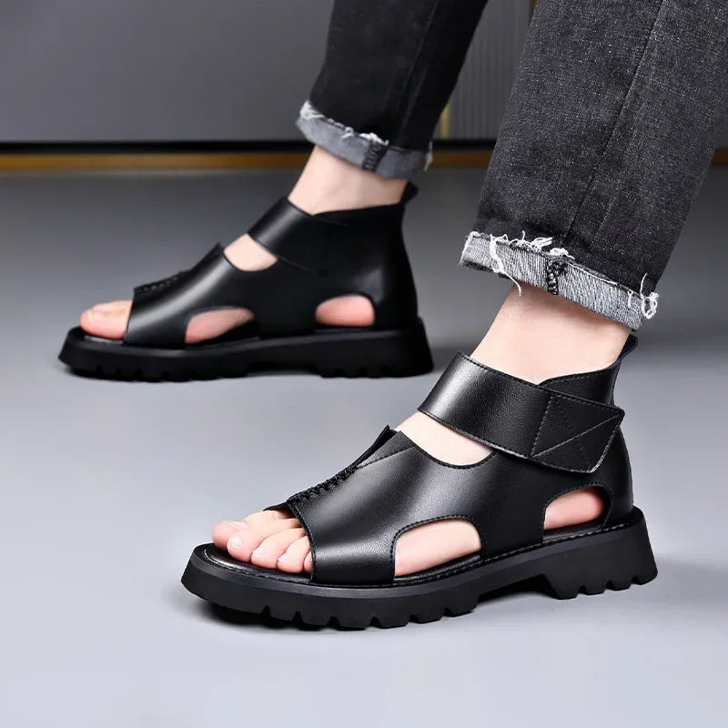 Cow Leather Sandals for Men 2025 Summer New Designer Big Size Increase Roman Beach Shoes Male Fashion Casual Black Sandals Man