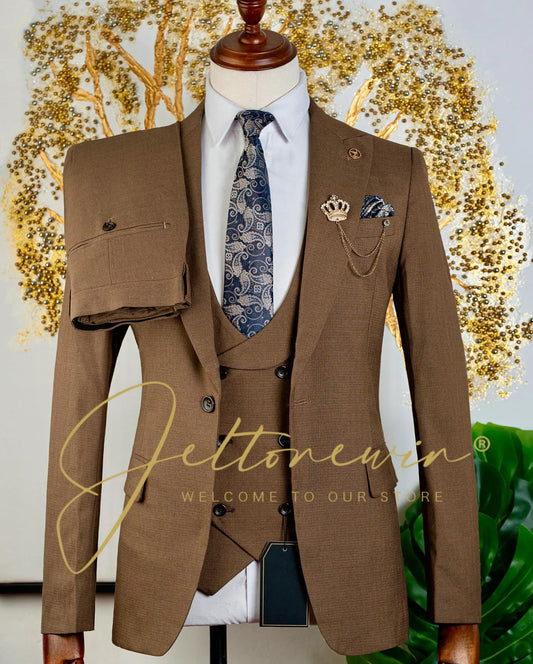 Men's Brown Three Piece Suit with Vest and Trousers Slim Fit Formal Wear for Wedding Groomsmen Party Business Occasion