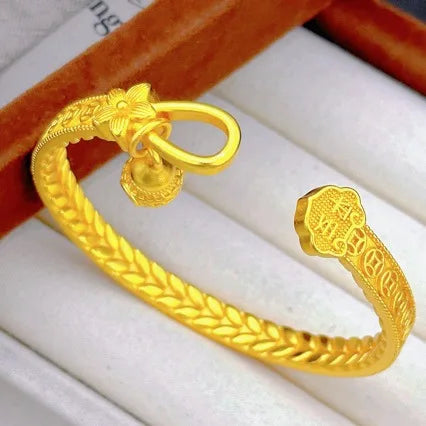 Gourd Open Bangle Women's 24K Gold AU999 - Gold gourd bangle, adjustable size for dating occasions