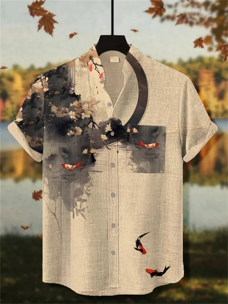 Men's Cat Ocean Art Shirt 3D Floral Print Casual Linen Hawaiian Shirt Summer Men's Short Sleeve Shirt Beach Top