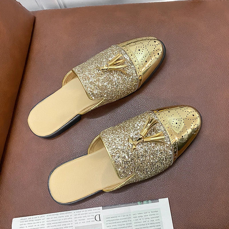 2024 New Luxury Designer Men's Casual Bling Leather Loafers Italian for Men Half Shoes Mules Male Black Slides Business Slippers