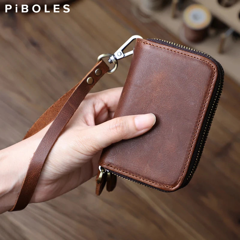 Genuine Leather Key Wallet For Men Retro Car Smart Key Case Double Zipper Housekeeper Keys Coin Pouch Organizer Handbag Women