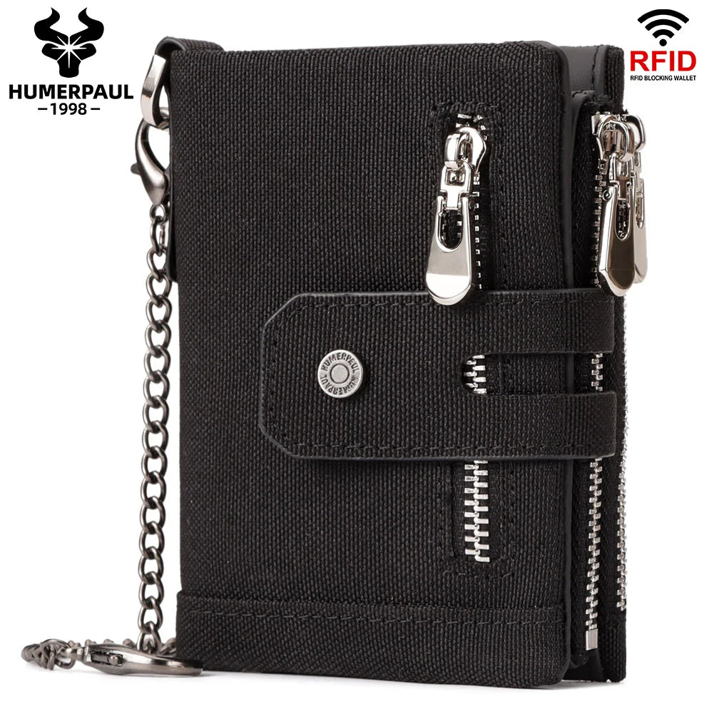 LAREET Fashion Genuine Leather Wallet With Cowhide For Men Money Card Holder Purse RFID Short Double Zipper Coin Pocket Bifold