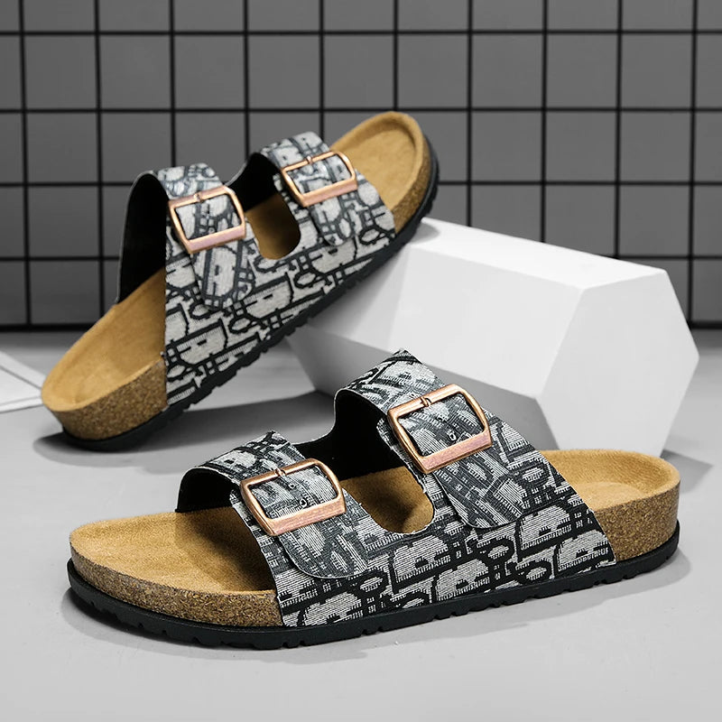 2025 Luxury Cork Slippers for Men Fashion Print Designer Slides Man Summer Mules Slippers Men Comfortable Brand Sandals Unisex